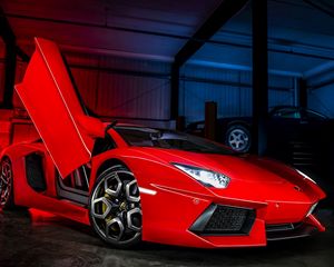 Превью обои lamborghini, aventador, lp700-4, красный, вид сбоку