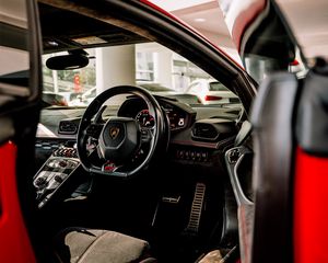 Превью обои lamborghini, автомобиль, красный, руль, салон