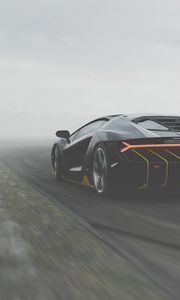 Превью обои lamborghini centenario, lamborghini, спорткар, черный, вид сзади, трасса, туман