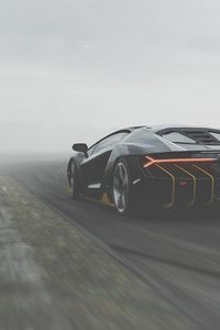 Превью обои lamborghini centenario, lamborghini, спорткар, черный, вид сзади, трасса, туман