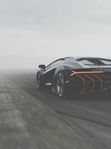 Превью обои lamborghini centenario, lamborghini, спорткар, черный, вид сзади, трасса, туман