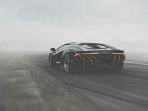 Превью обои lamborghini centenario, lamborghini, спорткар, черный, вид сзади, трасса, туман