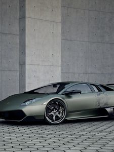 Превью обои lamborghini murcielago, lp 720, суперкар, винил, стена, брусчатка