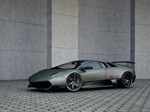 Превью обои lamborghini murcielago, lp 720, суперкар, винил, стена, брусчатка