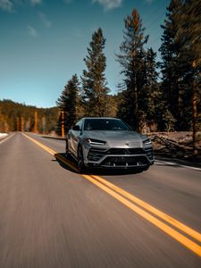 Превью обои lamborghini urus, lamborghini, автомобиль, серый, дорога