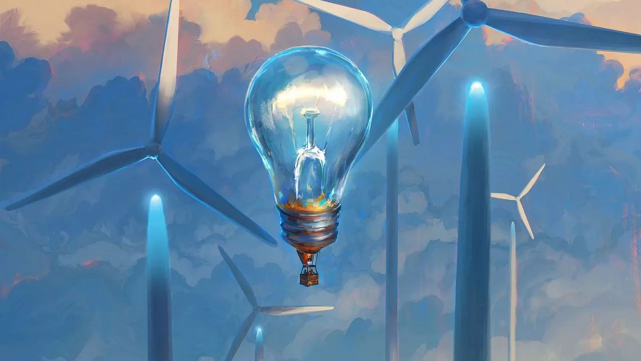 Обои лампочка, сюрреализм, ветряные мельницы, воздушный шар, аэростат