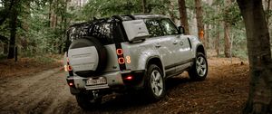 Превью обои land rover, автомобиль, внедорожник, вид сзади, лес