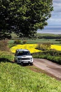 Превью обои land rover, автомобиль, внедорожник, белый, дорога, природа