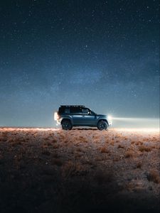 Превью обои land rover defender, land rover, автомобиль, внедорожник, серый, ночь