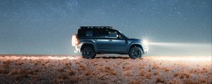 Превью обои land rover defender, land rover, автомобиль, внедорожник, серый, ночь