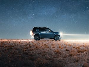 Превью обои land rover defender, land rover, автомобиль, внедорожник, серый, ночь