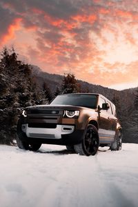 Превью обои land rover defender, land rover, автомобиль, внедорожник, коричневый, вид спереди