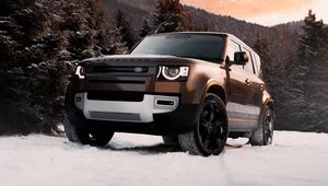 Превью обои land rover defender, land rover, автомобиль, внедорожник, коричневый, вид спереди