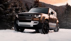 Превью обои land rover defender, land rover, автомобиль, внедорожник, коричневый, вид спереди