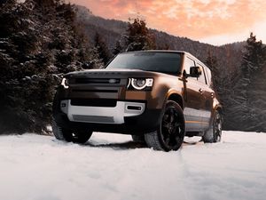 Превью обои land rover defender, land rover, автомобиль, внедорожник, коричневый, вид спереди