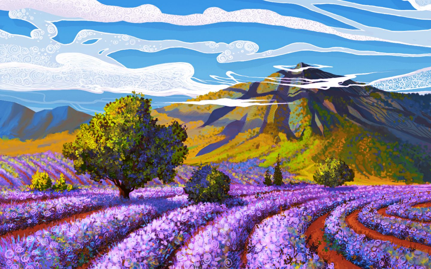 1440x900 Обои лаванда, поле, гора, пейзаж, арт