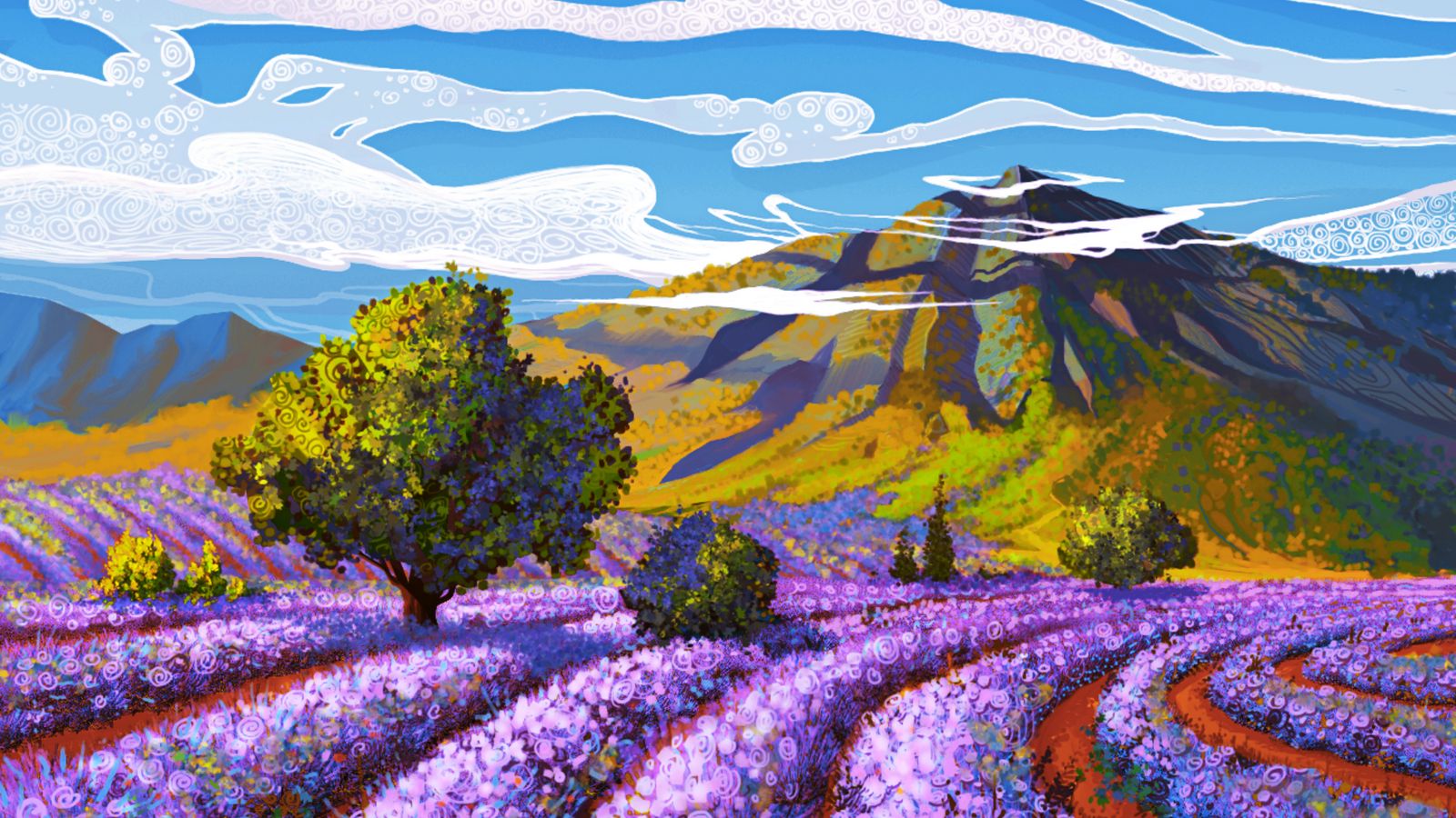 1600x900 Обои лаванда, поле, гора, пейзаж, арт
