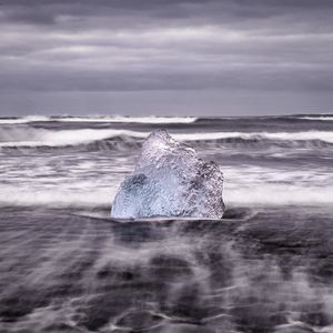 Превью обои лед, скала, море, волны, тучи