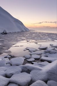 Превью обои лед, снег, озеро, берег, зима, природа