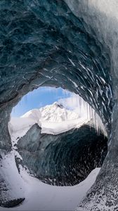 Превью обои лед, снег, тоннель, сосульки, природа