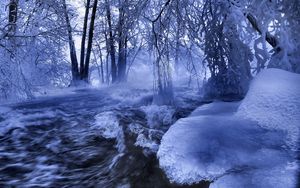 Превью обои лед, вода, поток, река, волны, деревья, ветви, иней