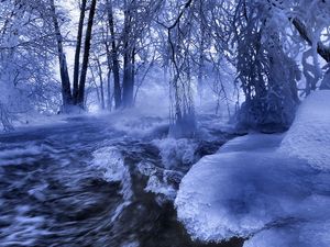 Превью обои лед, вода, поток, река, волны, деревья, ветви, иней