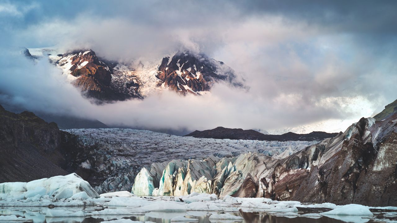 Обои ледник, горы, облака, лед, пейзаж, исландия