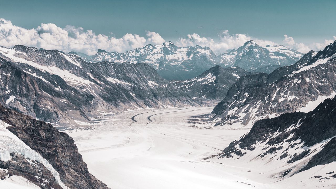 Обои ледник, горы, снег, вершины, алечский ледник, швейцария