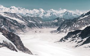Превью обои ледник, горы, снег, вершины, алечский ледник, швейцария