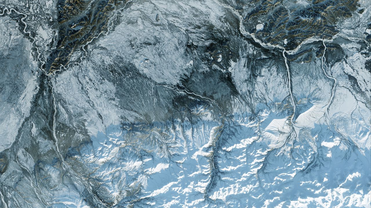 Обои ледник, лед, вид сверху, снег, текстура