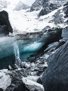 Превью обои ледник, скалы, камни, лед, вода