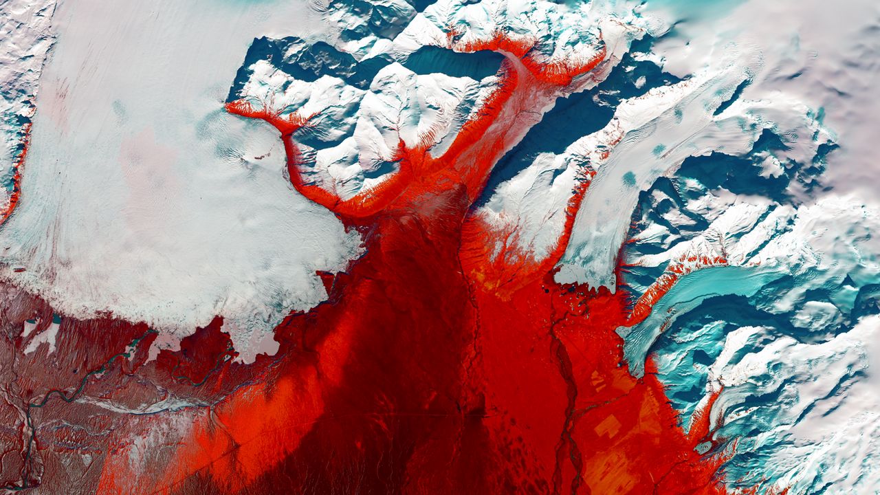 Обои ледник, вид сверху, рельеф, лед, красный