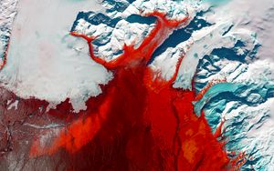 Превью обои ледник, вид сверху, рельеф, лед, красный