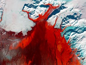 Превью обои ледник, вид сверху, рельеф, лед, красный