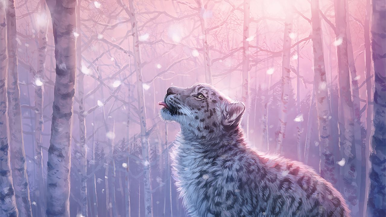 Обои леопард, арт, ирбис, снежный барс, лес, снег
