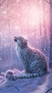 Превью обои леопард, арт, ирбис, снежный барс, лес, снег