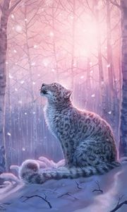 Превью обои леопард, арт, ирбис, снежный барс, лес, снег