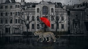 Превью обои леопард, девушка, зонтик, город, прогулка, арт