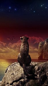 Превью обои леопард, сидеть, закат, пейзаж, берег