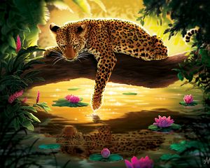 Превью обои леопард, вода, арт, дерево, кувшинки