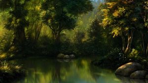 Превью обои лес, арт, пруд, деревья, вода