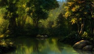 Превью обои лес, арт, пруд, деревья, вода
