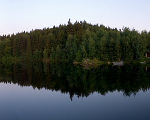 Превью обои лес, берег, озеро, отражение, треугольник, домик