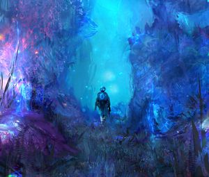 Превью обои лес, человек, арт, неон
