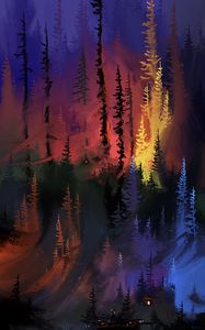 Превью обои лес, деревья, дом, огни, арт