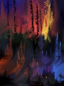 Превью обои лес, деревья, дом, огни, арт
