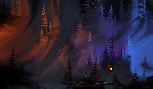 Превью обои лес, деревья, дом, огни, арт
