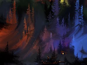 Превью обои лес, деревья, дом, огни, арт