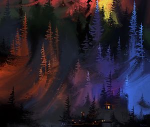 Превью обои лес, деревья, дом, огни, арт