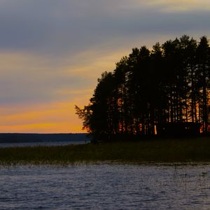 Превью обои лес, деревья, озеро, небо, горизонт, пейзаж, природа, темный